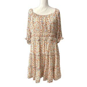 Boho Floral Print Tiered Babydoll KneeHigh Dress With Smocked Waist Scoop Neck1X